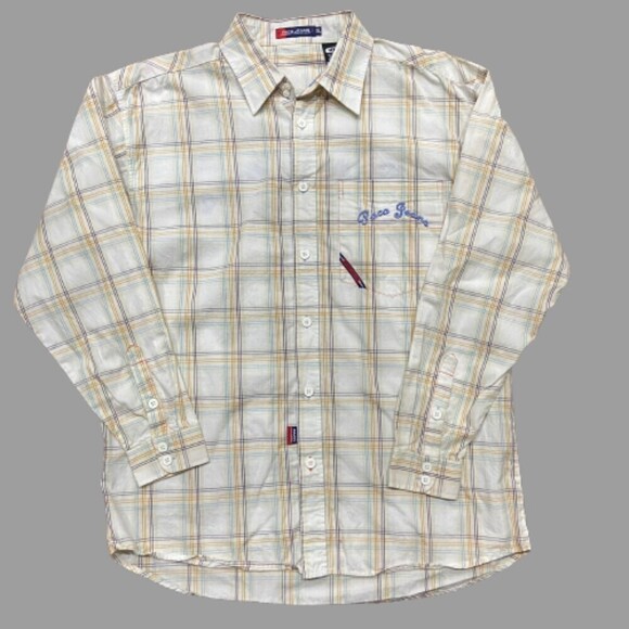 Paco Jeans Vintage Plaid Embroidered Button Down White Tan Blue Kids Size XL - Picture 1 of 11